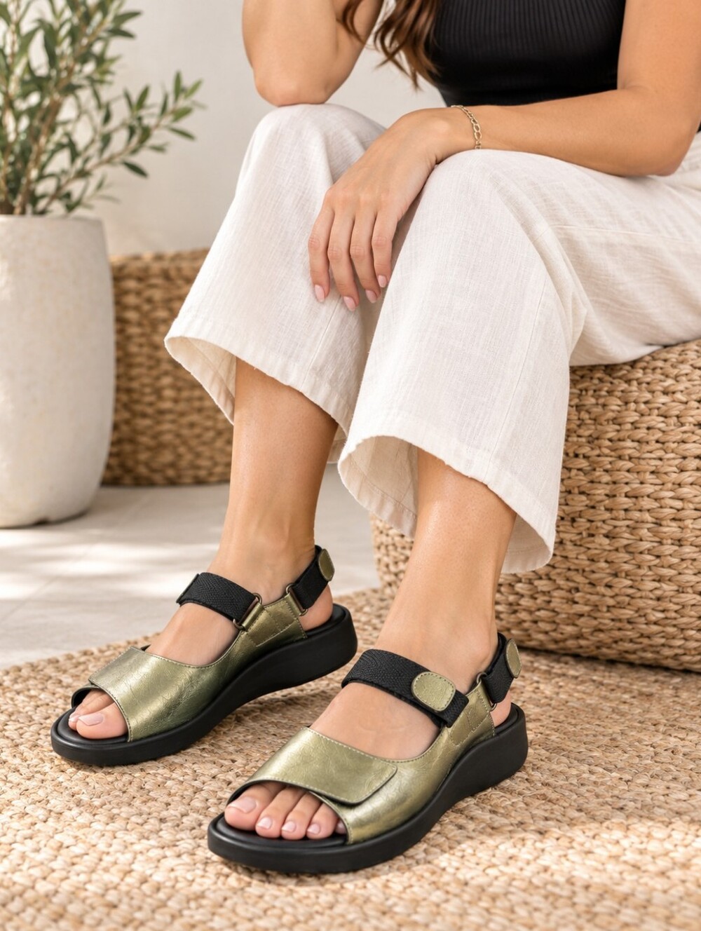 Wolky Women’s Size 40 Metallic Olive Gold Leather Comfort Sandals Black Wedge 9